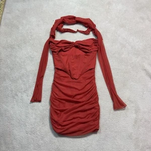 Oh Polly Dress Womens 6 Red Sheer Mesh Long Sleeve Ruched Mini Dress Stretch - Picture 1 of 14