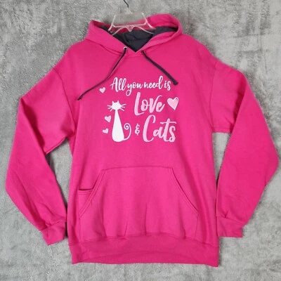 All You Need is Love & Cats Sweatshirt Hoodie MED Pink Fruit of the Loom Sofspun - Image 1 of 4