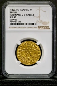 1476-1516 Spain 2 Escudos Seville Ferdinand V & Isabel 1 NGC AU 55 Cross CC397 - Picture 1 of 12