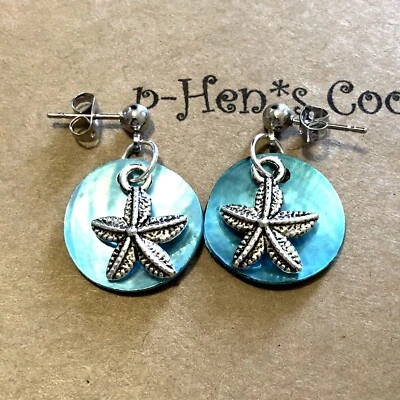 Pendientes Estrella de Mar con Cáscara Disco Perno Pendiente Artesano EE. UU. 1902 Foto 1 de 2