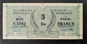 New Hebrides p-1, VF, 5 Francs, 1943 - Picture 1 of 2