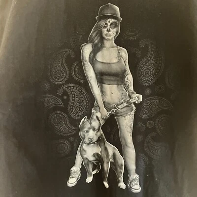 Camisa Fruit Of The Loom HD Para Hombres XL EG Negra Cara Calavera Niña Pitbull Perro Tatuaje Foto 1 de 4