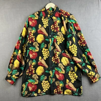 Camisa masculina Robert Stock grande colorida frutas peras limões uvas seda adulto anos 90 - Imagem 1 de 4