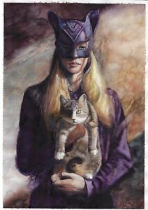Original painting A4 83KrD art watercolor female portrait with cat 2022
