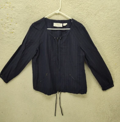 Dana Buchman Women Top 8 Blue Striped Linen Blend Drawstring Casual Fit Blouse - Image 1 of 4