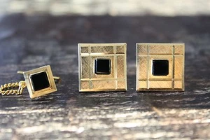 Vintage Estate Gold Tone Diamond Cut Black Onyx Center Cufflinks Tie Pin Set GUC - Picture 1 of 12