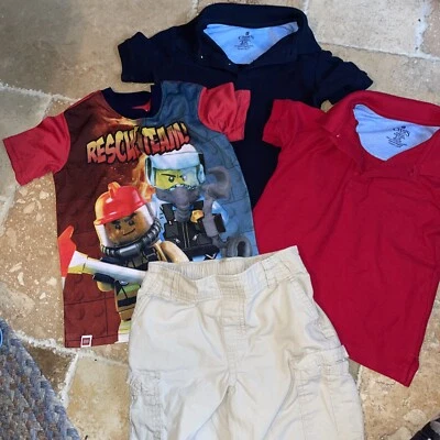 Boys Lot Of 3 Shirts ( Lego & Chaps Polo) Sz 4 & a 365 Kids Sz 5 Kaki Shorts - Imagem 1 de 4