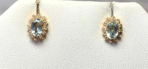 Aquamarine 24 Diamond Halo Earrings 14 Karat Gold Wedding Jewelry - Picture 1 of 12