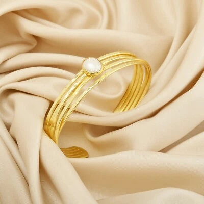 Open Cuff Bangles, Pearl stone Adjustable Bracelet, Brass Gold Plated Jewelry - Image 1 of 4