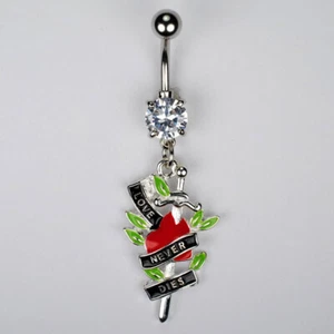LOVE NEVER DIES Dangle Button Belly Sword and Heart Tattoo Navel Jewelry (A1) - Picture 1 of 1