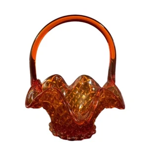 Vintage Red Amberina Tiara Diamond Glass Basket Handle Candy Dish Indiana 7.25” - Picture 1 of 5