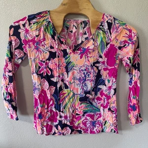 Camicetta Lilly Pulitzer Willa rosa blu navy floreale manica lunga top donna piccolo - Foto 1 di 5