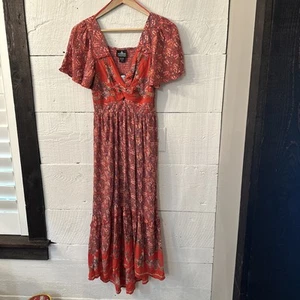 Angie Floral Dress Maxi Tier Ruffle Hi Low Smocked Babydoll Red Retro Boho Sz M - Picture 1 of 24