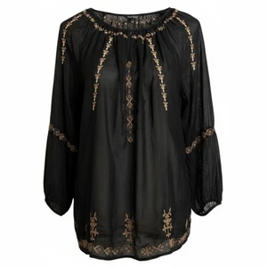 Blusa Lucky Brand Bordada Transparente 1X Negra Ojo de Cerradura Manga Larga Boho Hippie - Imagen 1 de 4