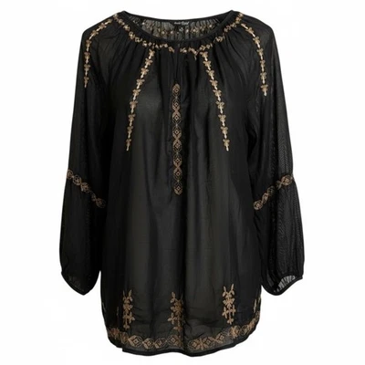 Blusa Lucky Brand Bordada Transparente 1X Negra Ojo de Cerradura Manga Larga Boho Hippie Foto 1 de 4