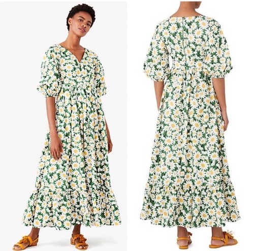 Abito midi Kate Spade margherita bodega cotone verde floreale manica a sbuffo taglia 10 nuovo con etichette!
