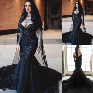 Gothic Mermaid Wedding Dresses Off Shoulder Lace Sexy Black  Bridal Gowns - Picture 1 of 9