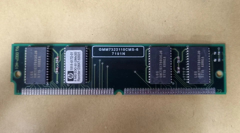 1x 8MB, 60nS, 32-bit EDO SIMM memory module  D3647-63001 HP Inc - Image 1 of 1