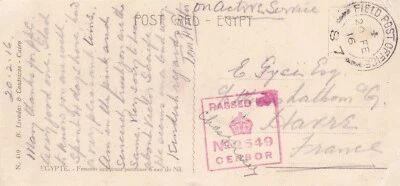 Egipto 1916 Primera Guerra Mundial Postal censurada enviada a Francia con CD de oficina de correos de campo Foto 1 de 2