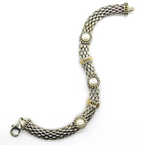 Braccialetto firmato MX Fancy Mesh Argento Sterling 925 & Oro 14K & Stazione Perla - Foto 1 di 10