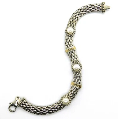 Brazalete Estación MX Elegante Malla Plata de Ley 925 y Oro 14K y Perlas Firmado Foto 1 de 4