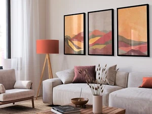 Boho Landscape Abstract Wall Art Prints, Orange and Grey - Picture 1 of 5