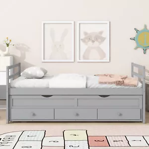 Twin Size Bed with Headboard, Footboard, Trundle and Three Storage Drawers, Twin - Picture 1 of 11