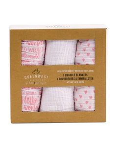 SALE 3 Baby Swaddle Blankets 40x40 Hello World Gift Box Cotton Muslin Coral Lrg - Picture 1 of 2