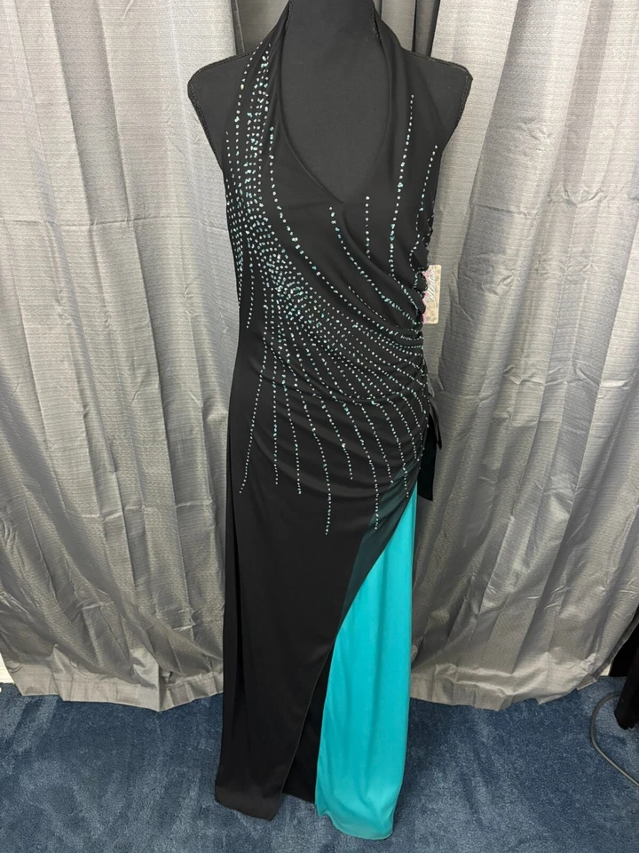 Maxi Vestido De Colección Colección XOXO Cuello Halter Baile de graduación L Negro Verde azulado Lentejuelas Cachicho Foto 1 de 4