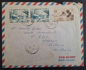 1958 French Oceania Airmail Cover ties 3 stamps cd Papeete, Tahiti-Yallourn - Picture 1 of 2
