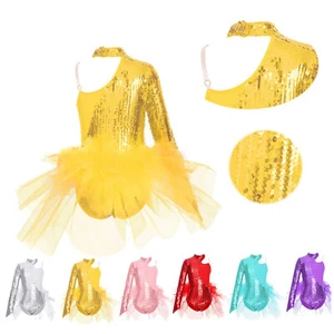 Kids Girls Bodysuit Modern Leotard Sparkly Sequins Dancing Romper Jumpsuit - Picture 1 of 59