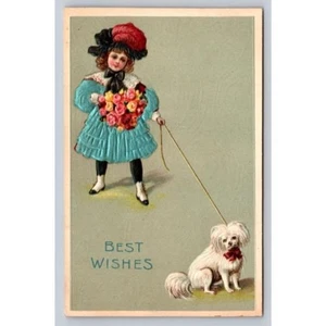 Antique Silk Embossed Postcard Blue Dress Girl Plume Hat Bouquet Flowers and Dog - Picture 1 of 2