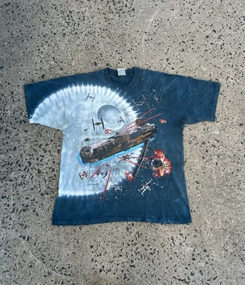 复古 罕见 1997 年 星球大战 液体蓝色 T 恤 男式 XL AOP Millennium Falcon Death Star — 第 1/4 张图片