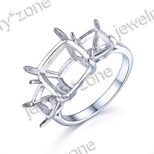 Three Stones Cut 11mm&6.5mm Cushion Cut Setting Sterling Silver Engagement Ring - Picture 1 of 7