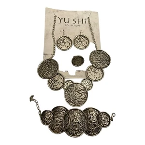 Yushi römischer Stil Rüschen Metall Design verstellbar Halskette Ohrringe Ring Armband - Bild 1 von 4