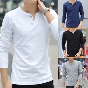 Stylish Buttoned Men's Long Sleeve Henley Shirt Comfortable Cotton Top - Picture 1 of 15