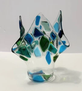 Vtg Fused Art Glass Handkerchief Style Votive Tea Candle Holder Beautiful - Picture 1 of 7