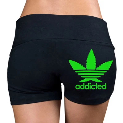 Junior's Addicted Weed Leaf Shorts Black Booty Dance Gym Workout Legging V355 - Image 1 of 2