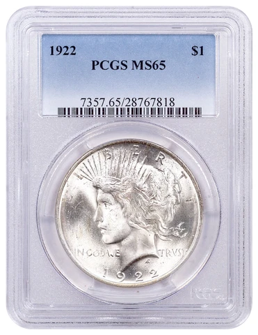 1922 Silver Peace Dollar $1 PCGS MS65 Cover