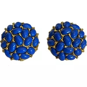 Orecchini vintage KJL by KENNETH Jay Lane cupola cabochon blu navy pierce - Foto 1 di 12