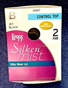 2 Pair Leggs Pantyhose Silken Mist Control Top Jet Black B Medium Silky Sheer - Picture 1 of 5