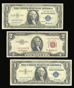 Set of Stars Old Us Currency & Silver Certificate $1 1957, $1 1935, $2 1953 Star