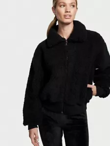 Victoria's Secret Plush Fleece Logo Modal Lined Front-Zip Jacket in Black L NEW - Picture 1 of 8