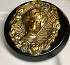 Antique Large Gibson Girl Button Stamped Silver Brass Affixed on Black Base