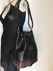 Vintage Forest Black Leather Brown Drawstring Bucket Crossbody Shoulder Bag