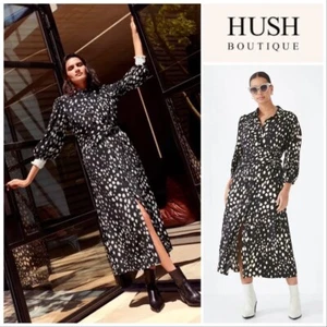 HUSH Alara Black/Ecru Alara Tie Side Midi Shirt Dress UK 16 Ikat Print NEW + Tag - Picture 1 of 19