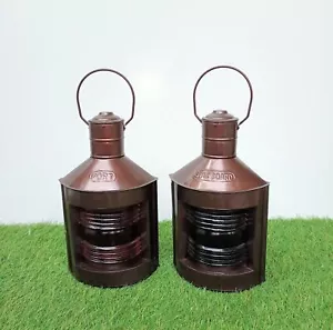Set of 2 Beautiful Oil Lamps in Red & Green Colour Boat Light Port Lantern Decor - Picture 1 of 8