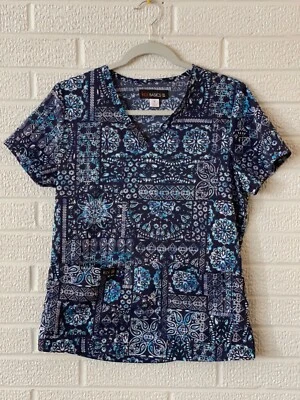 Super Soft Comfy Koi Basics Women's Small Scrub Top Patterned 384PR Blue - Image 1 of 2