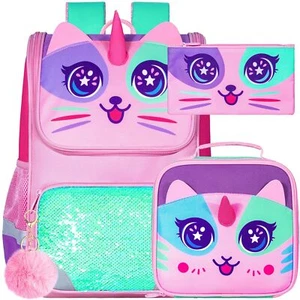 3PCS Girls' Backpack Set 15" Sequin Bookbag with Lunch Box Cat Design - Picture 1 of 7