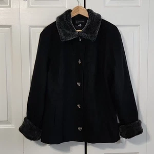 Braetan Women's Black & Gray Faux Fur Button Front Wool Blend Coat Size Med - Picture 1 of 11